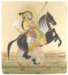 Maharana Sangram Singh chevauchant un étalon primé, vers 1712