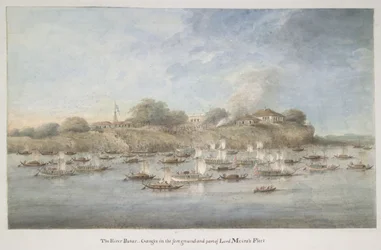 Flottille de Lord Hastings sur le fleuve, avec de nombreux budgerows
