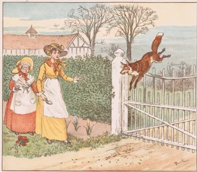Le renard saute par-dessus la porte du pasteur