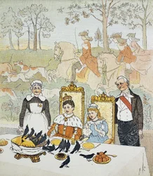 Un roi et une reine assis à table entourés de domestiques, derrière eux une scène de chasse. Planche 14 tirée de "The Picture Book" par Randolph Caldecott (1846-1886). 1879. The British Library Institution Reference: Shelfmark ID: 12805.s.17