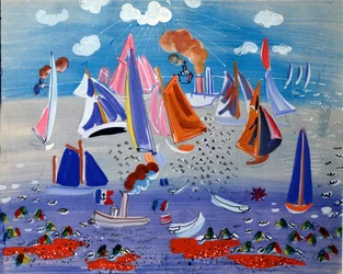 Mer et bateaux - Gouache sur papier, vers 1930