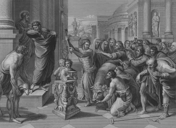 Paul et Barnabas à Lystre, Actes 14, Versets 8-19 (gravure)