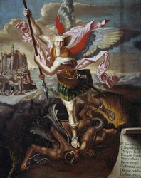 Saint Michel et le Diable, par Raphaël Sanzio, ex-voto de six pèlerins en pèlerinage au Mont Saint-Michel