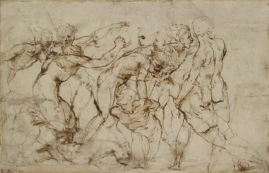 Scène de bataille avec prisonniers ligotés