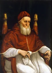 Portrait du pape Jules II (1503-1513). Peinture de Raphaël (Raffaello Sanzio). Florence, musée des Offices.