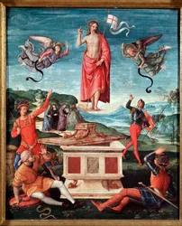 La Résurrection (La Résurrection du Christ). Jésus-Christ tient une croix à hampe, au bout de laquelle flotte un drapeau blanc à croix rouge. 1501-1502. Dimensions 52x44 cm. São Paulo, Museu de Arte