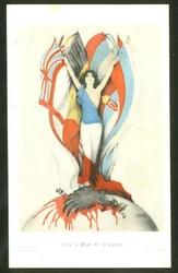 Carte postale, satirique en couleurs : Pour la loi et la liberté - Guerre de 14-18, Alliés, Drapeaux - Illustration de l