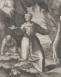 Saint François agenouillé les bras étendus, regardant vers un chérubin en haut à gauche, 1599