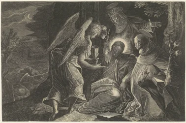 Christ réconforté par un ange à Gethsémani, avec Saint Dominique et Sainte Catherine de Sienne