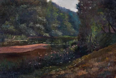 Paysage avec forêt, étang et nénuphars