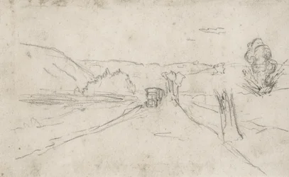 route avec camions et explosions dans un champ, c1914-18 (dessin)