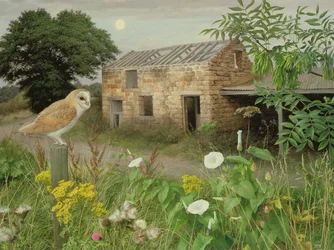 Les vieux bâtiments de ferme à Eccup, 2000 (huile sur carton)