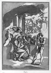 Orphée aux Enfers demande à Minos sa femme Eurydice. Dessin à l