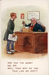 Patron et ouvrier au bureau (lithographie couleur)