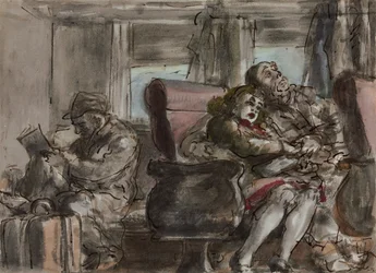 Passagers dans un wagon de train (aquarelle, encre et crayon sur papier)