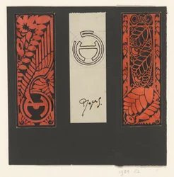 Trois panneaux avec motifs de feuilles et symboles