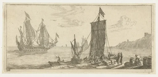 Baie avec un hoeker et un navire de guerre