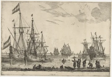 Quatre voiliers derrière une jetée (Treize scènes avec des navires)