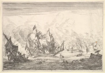 Bataille navale avec un navire anglais sombrant à gauche, de Batailles navales Nieuwe Sc