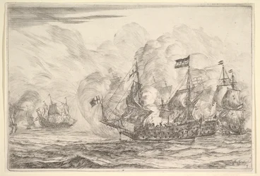 Rencontre navale avec trois navires à droite, des Batailles navales Nieuwe Scheeps Bat..., 1652-54
