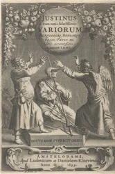 Minerva et deux figures enchaînées, page de titre pour : A. Thysius, Justinus cum notis selectissimis variorum Berneggerj, Bongarsy, Vossy, Thysy, etc., 1659