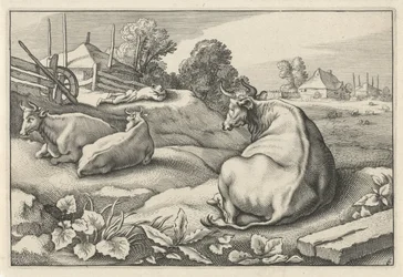 Prairie avec trois vaches couchées (série: Diversa Animalia Quadrupedia)