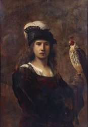 Fauconnier avec faucon et chapeau à plumes