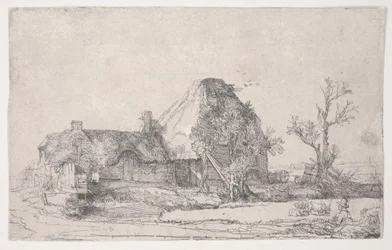 Cottage et bâtiments de ferme avec un homme dessinant