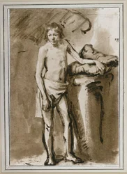 Nu masculin, debout (plume et lavis, bistre)