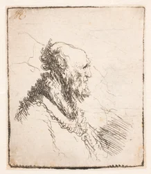 Vieil homme chauve avec une courte barbe, de profil à droite