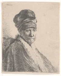 Homme barbu avec un bonnet oriental en fourrure et une robe, portant un haut bonnet, 1630