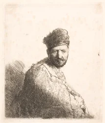Homme barbu (le père de Rembrandt ) portant un bonnet oriental doublé de fourrure et une robe : portrait en demi-longueur