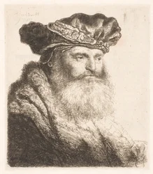 Homme barbu portant un bonnet de velours avec fermoir en bijou
