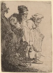 Mendiant homme et femme derrière une banque