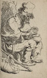 Mendiant assis réchauffant ses mains à un brasero, vers 1630
