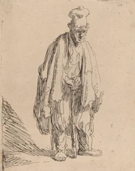 Mendiant avec un grand chapeau, debout et appuyé sur un bâton, vers 1630
