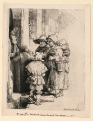 Mendiants recevant des aumônes à la porte d