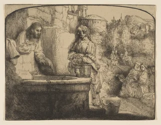 Le Christ et la femme de Samarie : une gravure en arc, 1658
