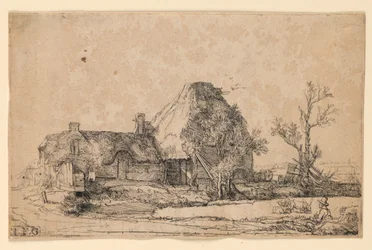 Cottages et bâtiment de ferme avec un homme dessinant