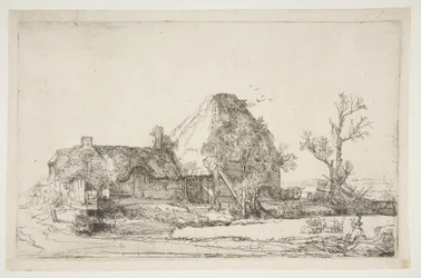 Cottages et bâtiments de ferme avec un homme dessinant, vers 1645