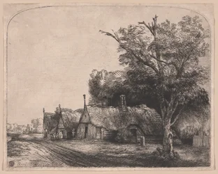 Paysage avec trois cottages à pignon le long d
