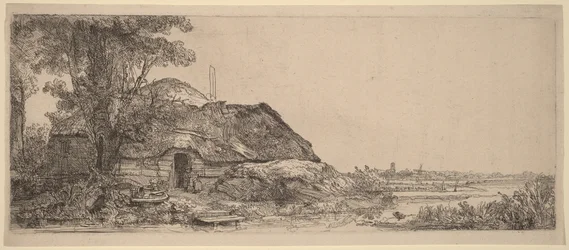 Paysage avec une petite maison et un grand arbre