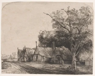 Paysage avec trois cottages à pignon le long d