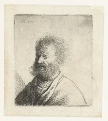 Homme à la barbe carrée et aux cheveux bouclés : buste