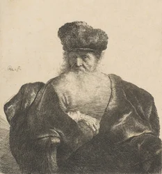 Vieil homme avec barbe, bonnet de fourrure et manteau de velours
