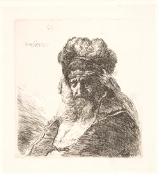 Vieil homme barbu avec un bonnet de fourrure haut, les yeux fermés