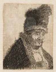 Vieil homme en manteau de fourrure et casquette haute : buste