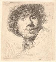 Rembrandt avec un bonnet, bouche ouverte et regard fixe : buste en contour