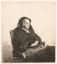 La mère de Rembrandt, assise à une table, regardant vers la droite : portrait de trois quarts