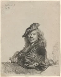 Autoportrait appuyé contre un rebord en pierre